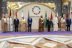 Arab leaders, U.S. president Joe Biden and Tamim (third from right) at the GCC+3 summit in Jeddah, 16 July 2022