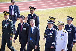 President Moon Jae-in with the Minister of National Defense, the Joint Chiefs of Staff, and the Commander of USFK in 2017
