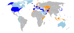 U.S. military presence around the world in 2007. As of 2015, the U.S. still had many bases and troops stationed globally.[111]