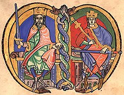 David alongside his designated successor, Máel Coluim mac Eanric. Máel Coluim IV would reign for twelve years, in a reign marked for the young king's chastity and religious fervour.