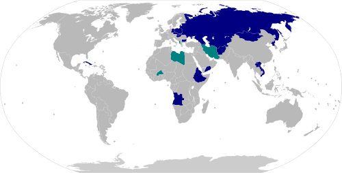 The 15 Eastern Bloc nations which boycotted the 1984 Games are shaded blue; the 4 non-Eastern Bloc nations that boycotted are shaded teal.
