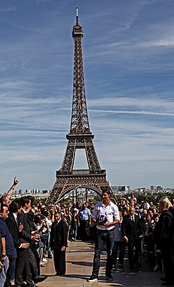 Ibrahimović greets PSG fans on the day he signed for the club in July 2012.