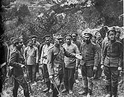 Colonel Nikolaos Christodoulou of the National Defence Army Corps interrogating Bulgarian prisoners, September 1918