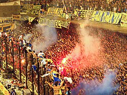 Boca Juniors supporters during a night Copa Libertadores game v. Pumas