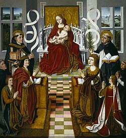 The Virgin of the Catholic Monarchs, 1491–1493. The Inquisitor, Torquemada, is behind King Ferdinand (left).