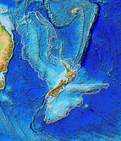 Topography of Zealandia, outlined in pink. The linear ridges running north-northeast (Colville to the west and Kermadec to the east, separated by the Lau Basin) and southwest (the Resolution Ridge System) away from New Zealand are not considered part of Zealandia, nor are Australia (left), Vanuatu, or Fiji (top centre).[1]