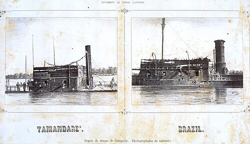 Damage that could be done to ironclads. Tamandaré (left) and Brasil (right) damaged after the earlier attack on Curuzú, a fort much less powerful than Curupayty or Humaitá.