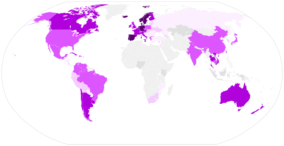 Public opinion of same-sex marriage. Fraction in favor:[124] 5⁄6+ 2⁄3+ 1⁄2+ 1⁄3+ 1⁄6+ <1⁄6 no polls
