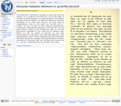 Screen shot of Norwegian Wikisource. The text can be seen on the left of the screen with the scanned image displayed on the right.