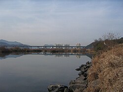 Miryang city centre as seen from across the Miryang River.