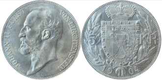 Silver coin: 5 kronen of Liechtenstein, 1904, the front of the coin is a portrait of Johann II