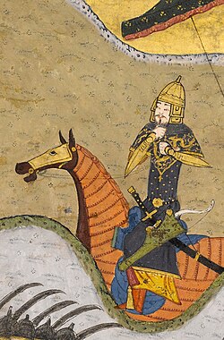 Timur leading his troops at the 1401 Siege of Baghdad. Near-contemporary portrait in Zafarnama, commissioned by his grandson Ibrahim Sultan in 1424–28. Published in 1435–36.