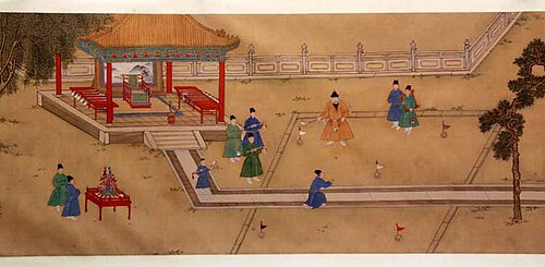 The Xuande Emperor playing chuiwan with his eunuchs, a game similar to golf, by an anonymous court painter of the Xuande period (1425–1435)