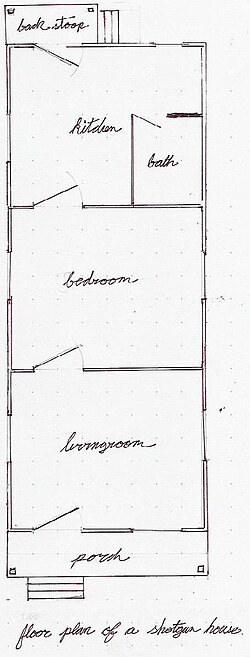 Floor plan of a typical single shotgun with bathroom