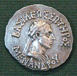 Coin of Menander I, the Greek king who ruled most of Northern India (c. 150-130) and converted to Buddhism.