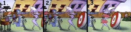 Visual gags often incorporate props with adult innuendos. In the season one episode, "Bedfellows" (1993), during a nudist party at Rocko's backyard, a female poodle is briefly shown from behind before quickly turning when arrows hit an archery target, censoring her.[55]