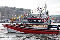 Swedish rescue vessel Drottning Silvia (Queen Silvia) in front of the Royal Castle in Stockholm, Sweden