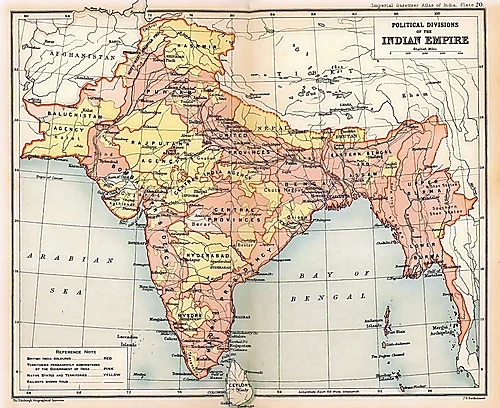 The Indian Empire 1909, showing the princely states coloured yellow and British India coloured red