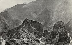 Urubamba River canyon with Machu Picchu, Huayna Picchu and surrounding Andean peaks.