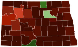 Map of counties in North Dakota by racial plurality, per the 2020 U.S. census Non-Hispanic White 50–60% 60–70% 70–80% 80–90% 90%+ Native American 50–60% 70–80% 80–90%