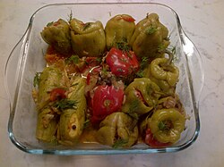 Stuffed green pepper and zucchini
