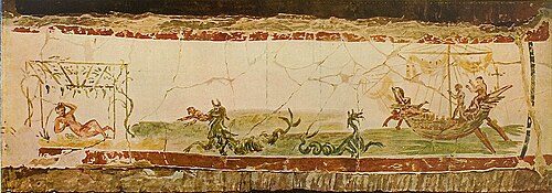 Jonah and the sea monster, from Christian artwork in Roman catacombs at the end of 2nd century CE. From right to left: Johah jumps off the ship, where a sea monster waits; he is eaten (or spit out) by that sea monster; Johah rests on the beach after release from the monster's belly. The sea monster drawn by the Roman Christians resembles a hippocampus.