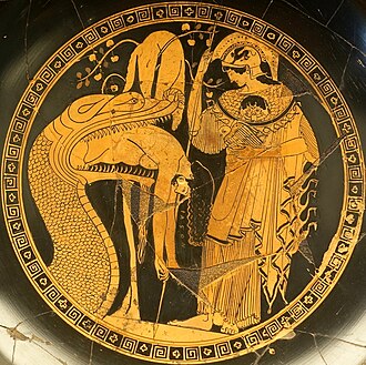 Attic red-figure kylix painting from c. 480-470 BC showing Athena observing as the Colchian dragon disgorges the hero Jason[152]