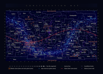 Star chart showing the constellations, Milky Way, and ecliptic