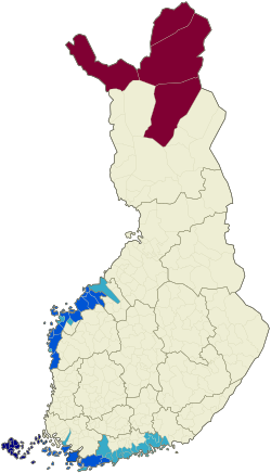 Municipalities of Finland: unilingually Finnish bilingual with Finnish as majority language, Swedish as minority language bilingual with Swedish as majority language, Finnish as minority language unilingually Swedish bilingual with Finnish as majority language, Sami as minority language