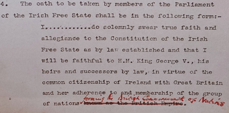 Draft of the 1921 Anglo-Irish Treaty, with "British Empire" crossed out and "British Commonwealth of Nations" added by hand