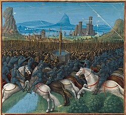 Battle of Hattin in 1187, the turning point leading to the Third Crusade. From a copy of the Passages d'outremer, c. 1490