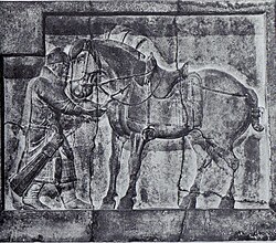 A bas-relief of a soldier and horse with saddle and stirrups, from the tomb of Chinese Emperor Taizong of Tang (r. 626–649), c. 650