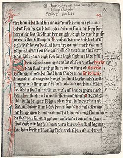 The initial page of the first complete copy of Västgötalagen, the law code of Västergötland, from c. 1280. It is one of the earliest texts in Swedish written in the Latin script.