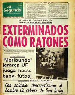 Cover of La Segunda, 25 July 1975, in regards to the murder of MIR operatives in Argentina. Main header reads "Exterminated like mice"