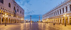 St. Mark Square with Doge's Palace on the left and the columns of the Lion of Venice and St. Theodore in the center
