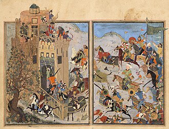 Timur's army, commanded by his son Umar Shaykh, in the Siege of Urgench (1379). Garrett Zafarnama (1480)