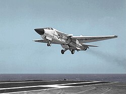 A US Navy F-111B approaching the aircraft carrier USS Coral Sea during trials in 1968