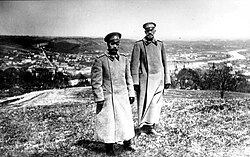 Emperor Nicholas II and Grand Duke Nikolai Nikolaevich during a review of the fortifications of the Przemysl Fortress, April 11, 1915