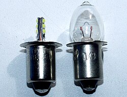 LED Flashlight replacement bulb (left), with tungsten equivalent (right)