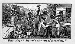 One of the many defenses of American slavery was that the imagined "benevolent paternalism" of planters was beneficial or necessary[70][71][72] (Detail, Anti-Slavery Almanac, 1840)