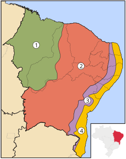 Geoclimatic subregions of Brazilian Northeast: 1 • Meio-Norte 2 • Sertão 3 • Agreste 4 • Zona da Mata