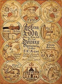 Title page of a late manuscript of the Prose Edda written by Snorri Sturluson (13th century), showing the Ancient Norse Gods Odin, Heimdallr, Sleipnir, and other figures from Norse mythology