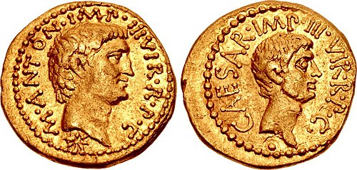 Ancient Roman coin depicting Antony on the obverse and Octavian on the reverse
