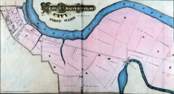 1876 map of New Brunswick's First Ward, showing Weston's Mill at the bend in Lawrence Brook.