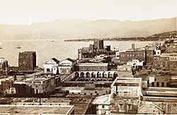 Beirut Castle (center) and the tower of Burj-al-Musallah islet on the left, December 1869