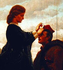 A woman fastening a red-and-white cockade to a Polish insurgent's square-shaped rogatywka cap during the January Uprising of 1863–64