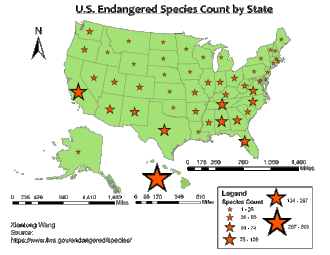 A proportional symbol map of each state's endangered species count