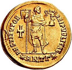 Reverse of a solidus of Valens, marked: restitutor reipublicae ("the restitutor of the Republic") and showing the emperor holding a vexillum and a globe supporting a Victory, who crowns him with a laurel wreath