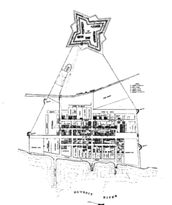 A topographical plan of the town of Detroit prior to the Great Fire of 1805, depicting the British bastion fort of Lernoult (above) and the French era buildings of Fort Pontchartrain du Détroit (below)