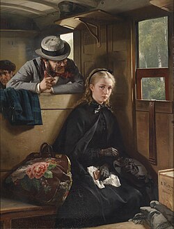 Painting of a woman dressed in black with a floral bag on a train bench. Behind her, a man in grey leans over the bench to smile and talk at her, holding up his spectacles to see her. She looks away from him, straight at the painting's viewer, frowning.